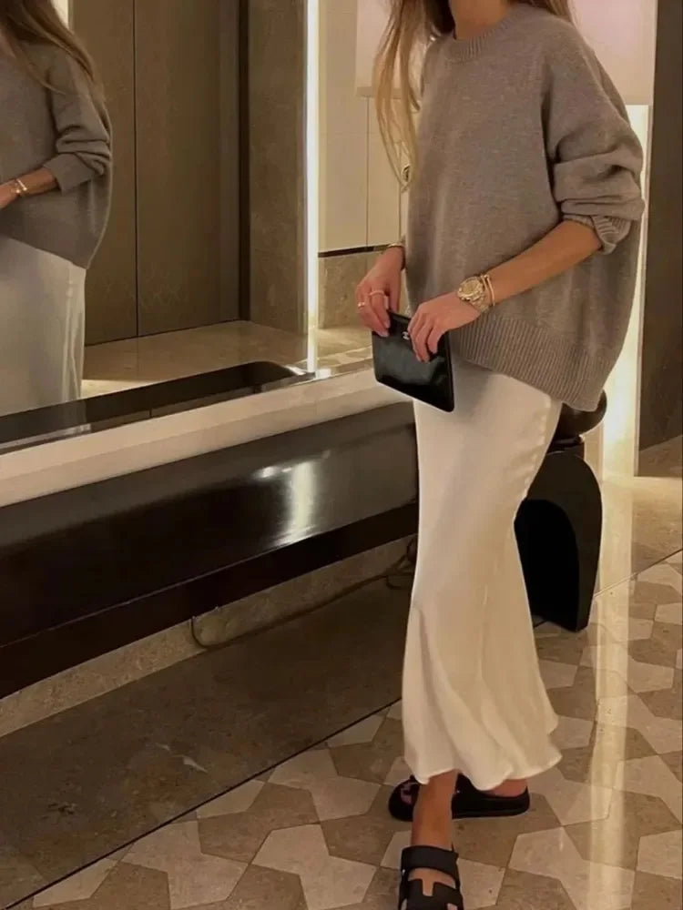 The "Luma" High-Waisted Satin Midi Skirt