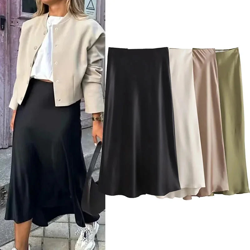 The "Luma" High-Waisted Satin Midi Skirt