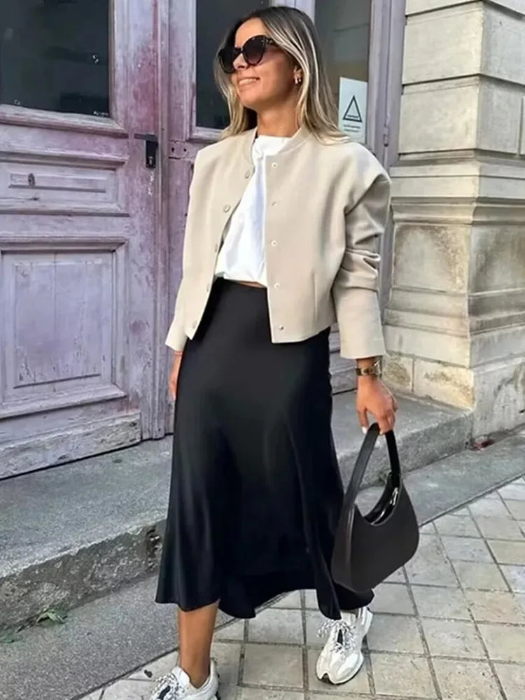 The "Luma" High-Waisted Satin Midi Skirt