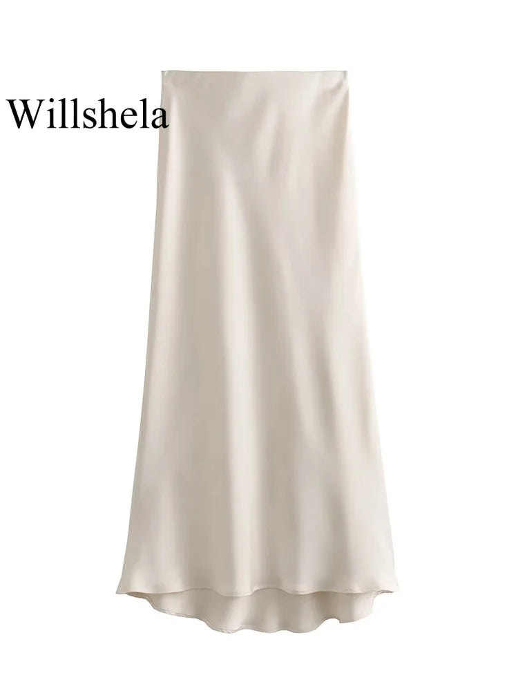 The "Luma" High-Waisted Satin Midi Skirt