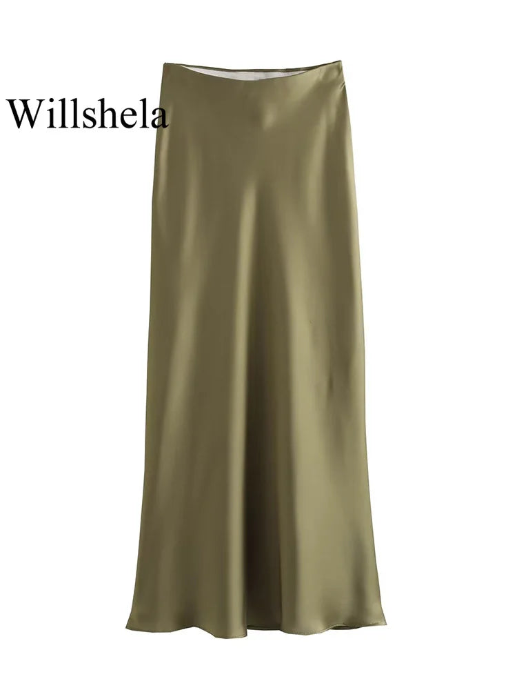 The "Luma" High-Waisted Satin Midi Skirt