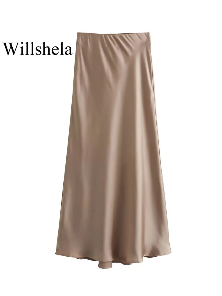 The "Luma" High-Waisted Satin Midi Skirt